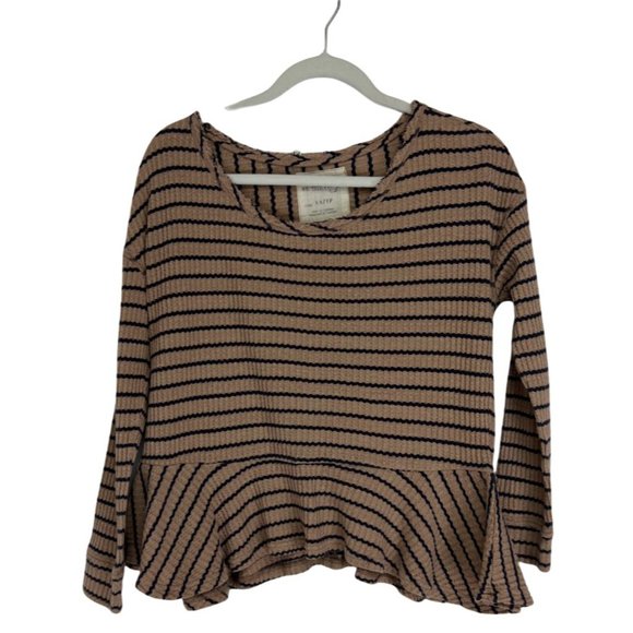 We the Free SZ XS Oversized Striped Waffle Knit Long Sleeve Peplum Top Tan/Black - Picture 1 of 5